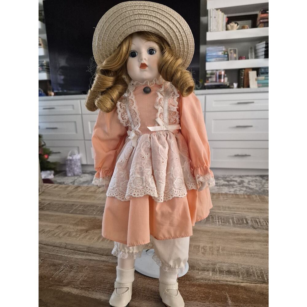 Vintage 16" Porcelain Collector Doll | Blonde Curls, Peach & Lace Dress with Met